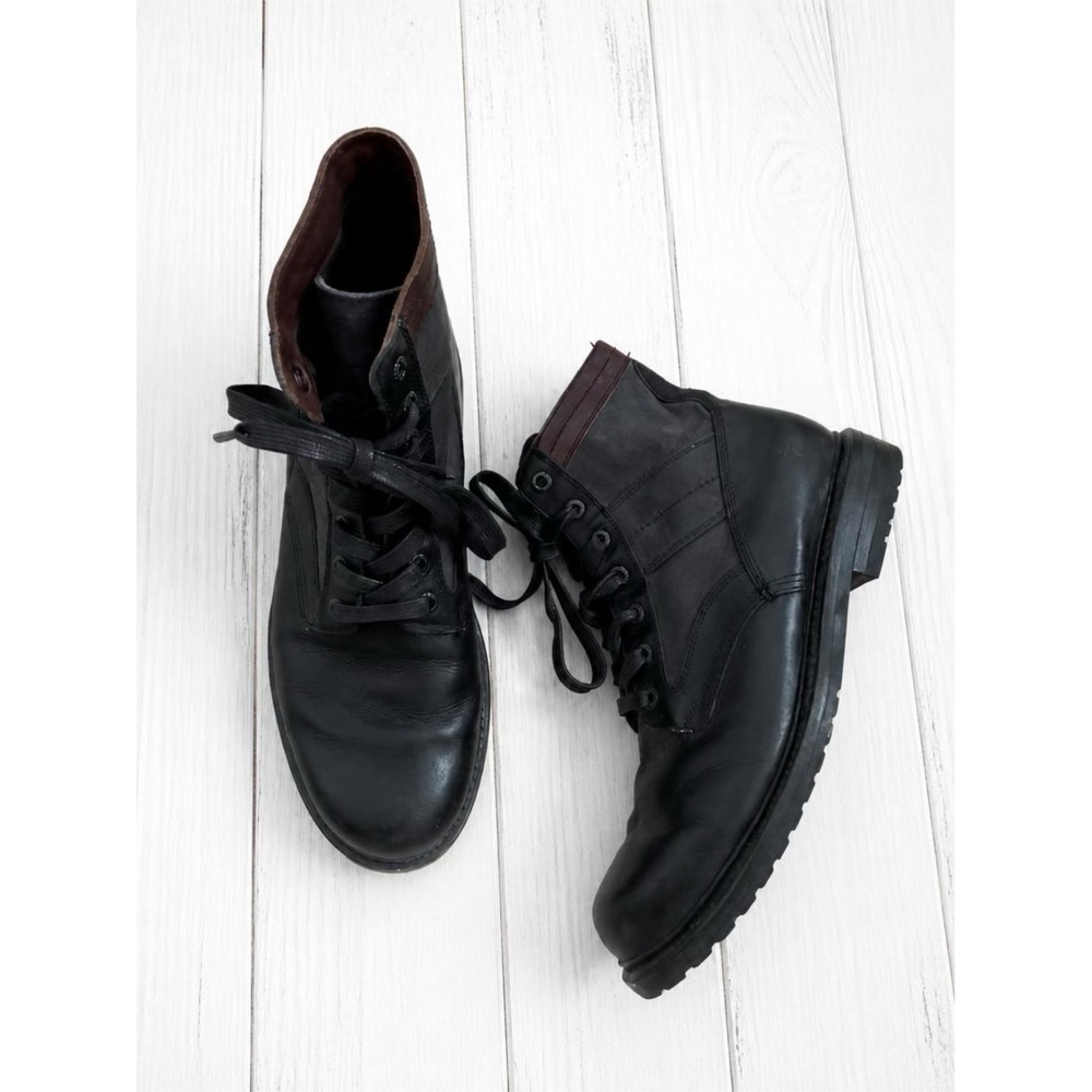 Frye Warren Combat Boots Mens 8.5 D Black Leather Canvas Mixed Media Lug Sole